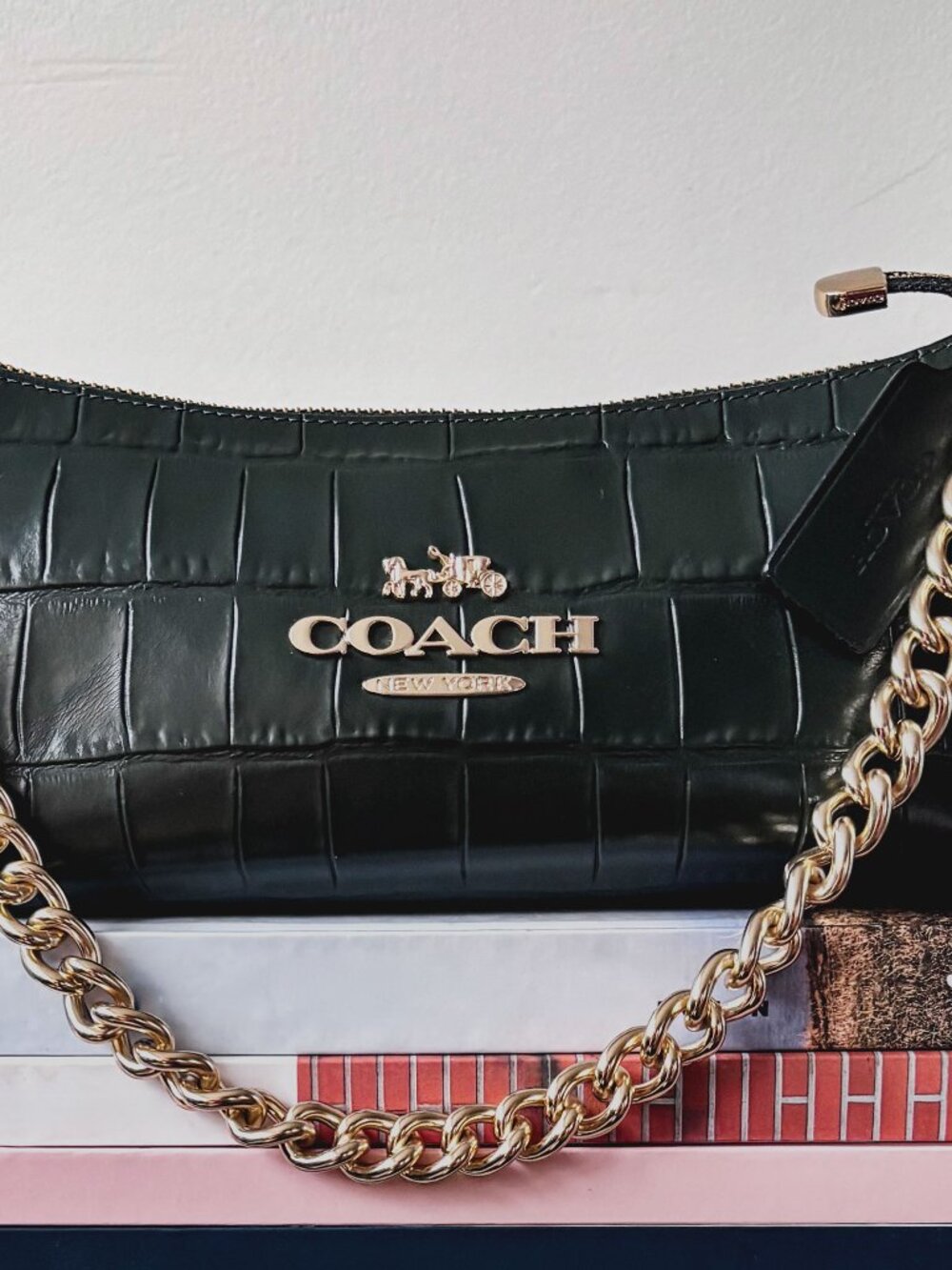 Coach Charlotte Shoulder Bag Dark Green Croc Embossed Leather Gold Chain LikeNew - Picture 7 of 8